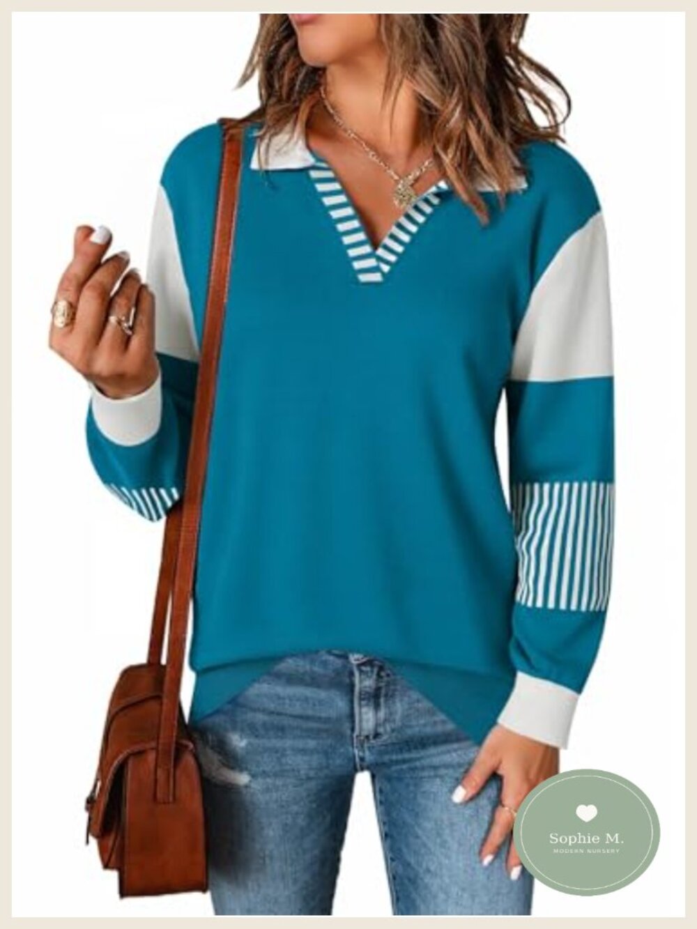 LOMON V Neck Long Sleeve Loose Sweaters Color Block Striped Knitted Pullover